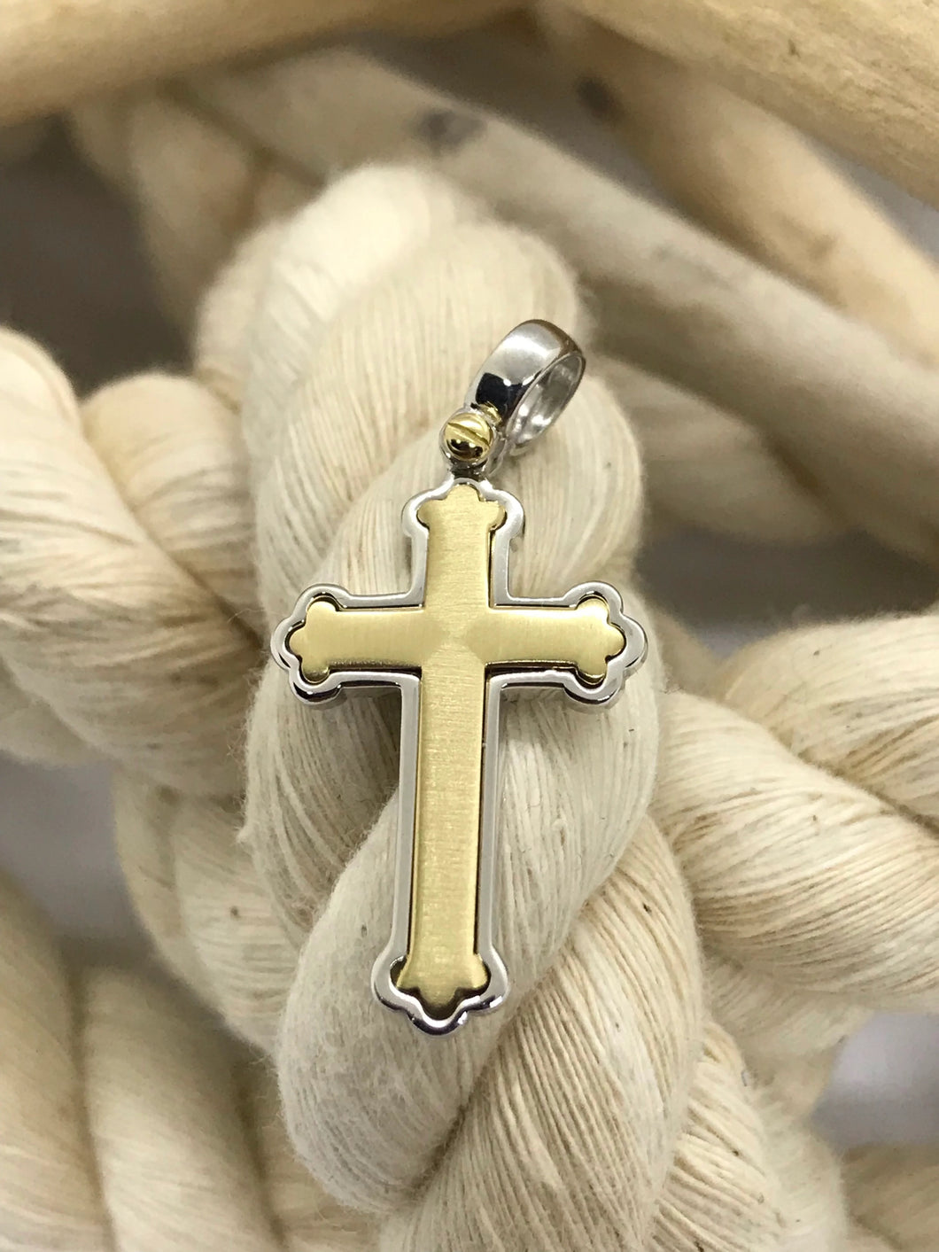 10k 2 Tone White and Yellow Gold Polished and Brushed Cross 222413