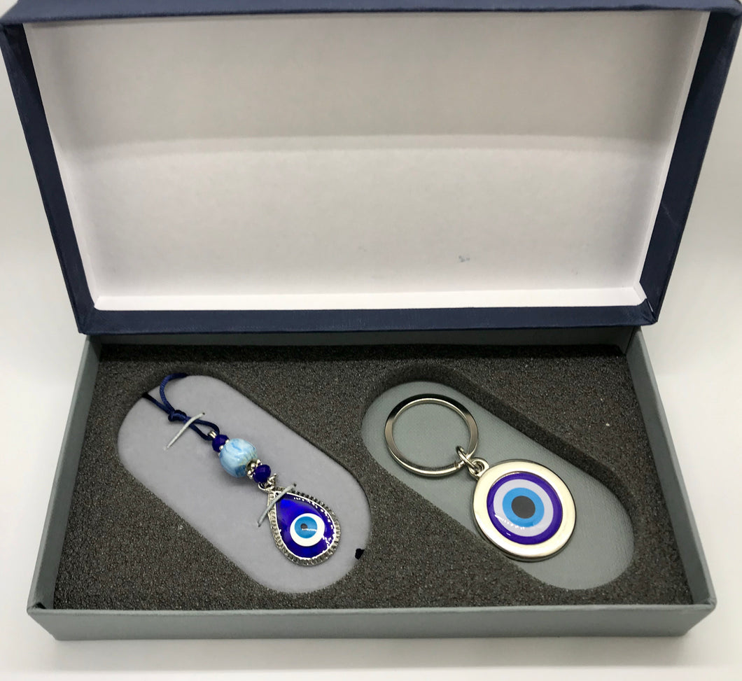 Gift Box Set 1 Mati Evil Eye  Keychain with Hanging Mati Evil Eye for Automobile