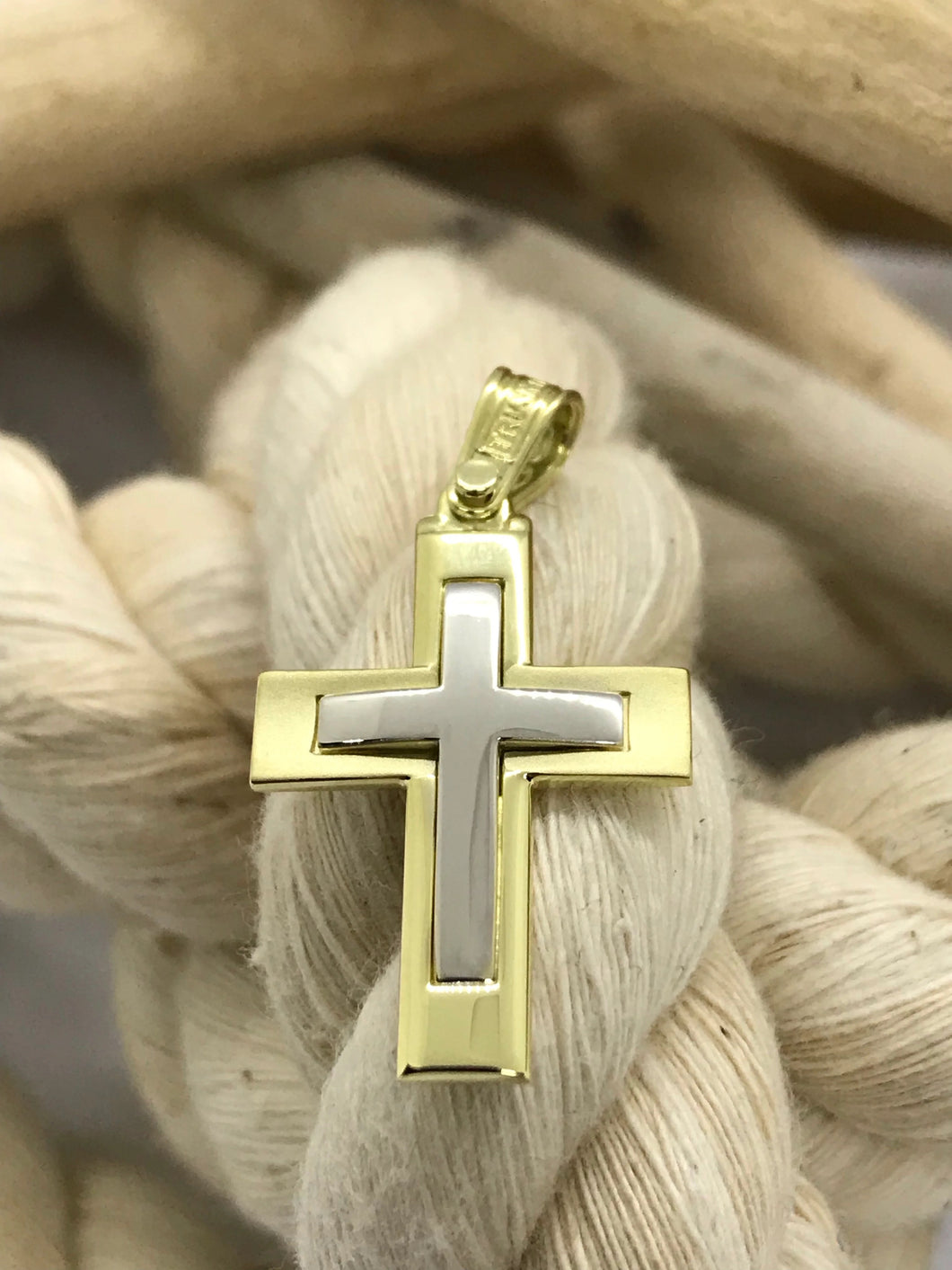 Triantos 14k 2 Tone Yellow and White Gold Cross Brushed and Polished 222408