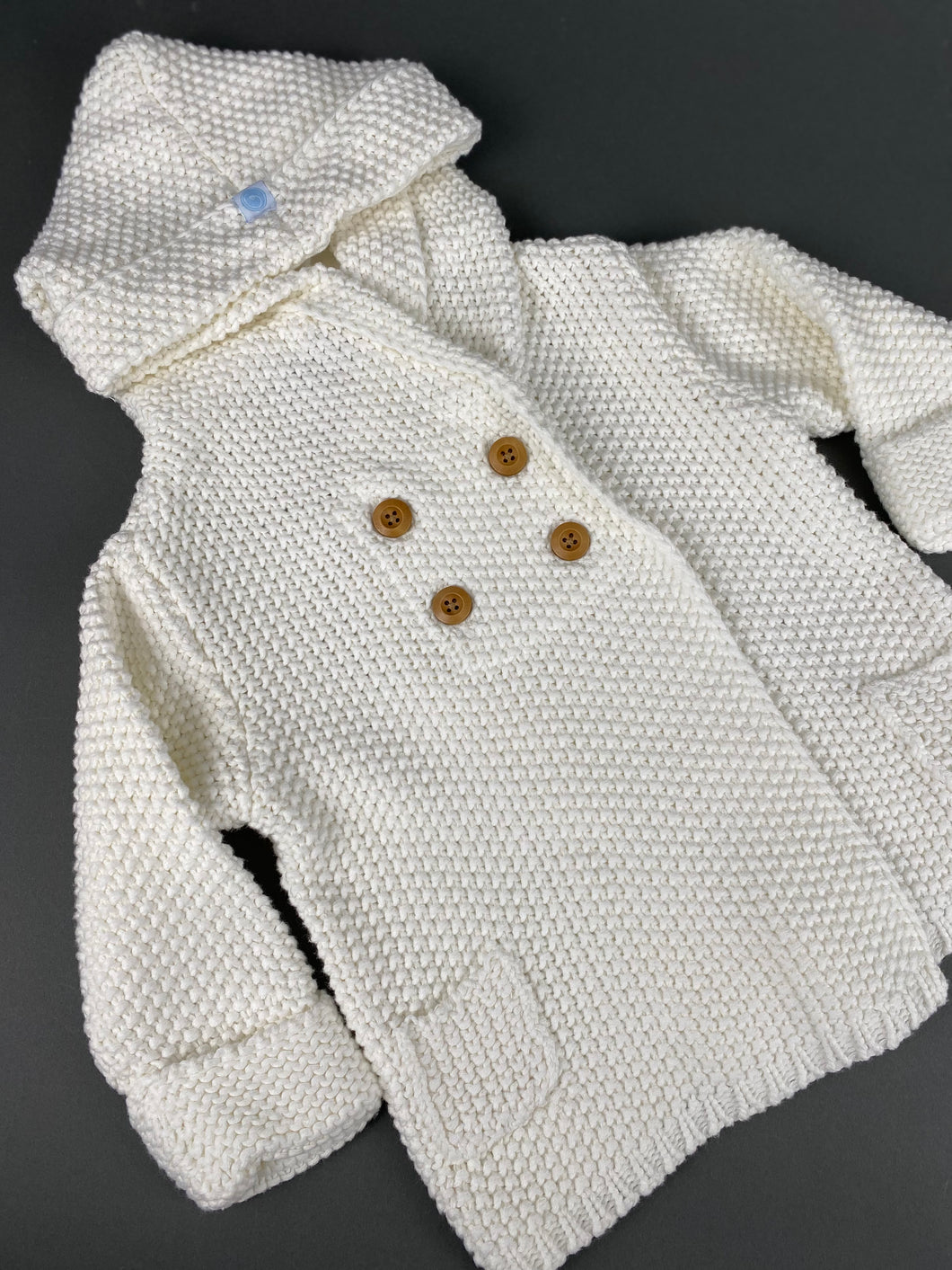 White Knitted Sweater with Hoodie and Wooden Buttons 100% Cotton KS3