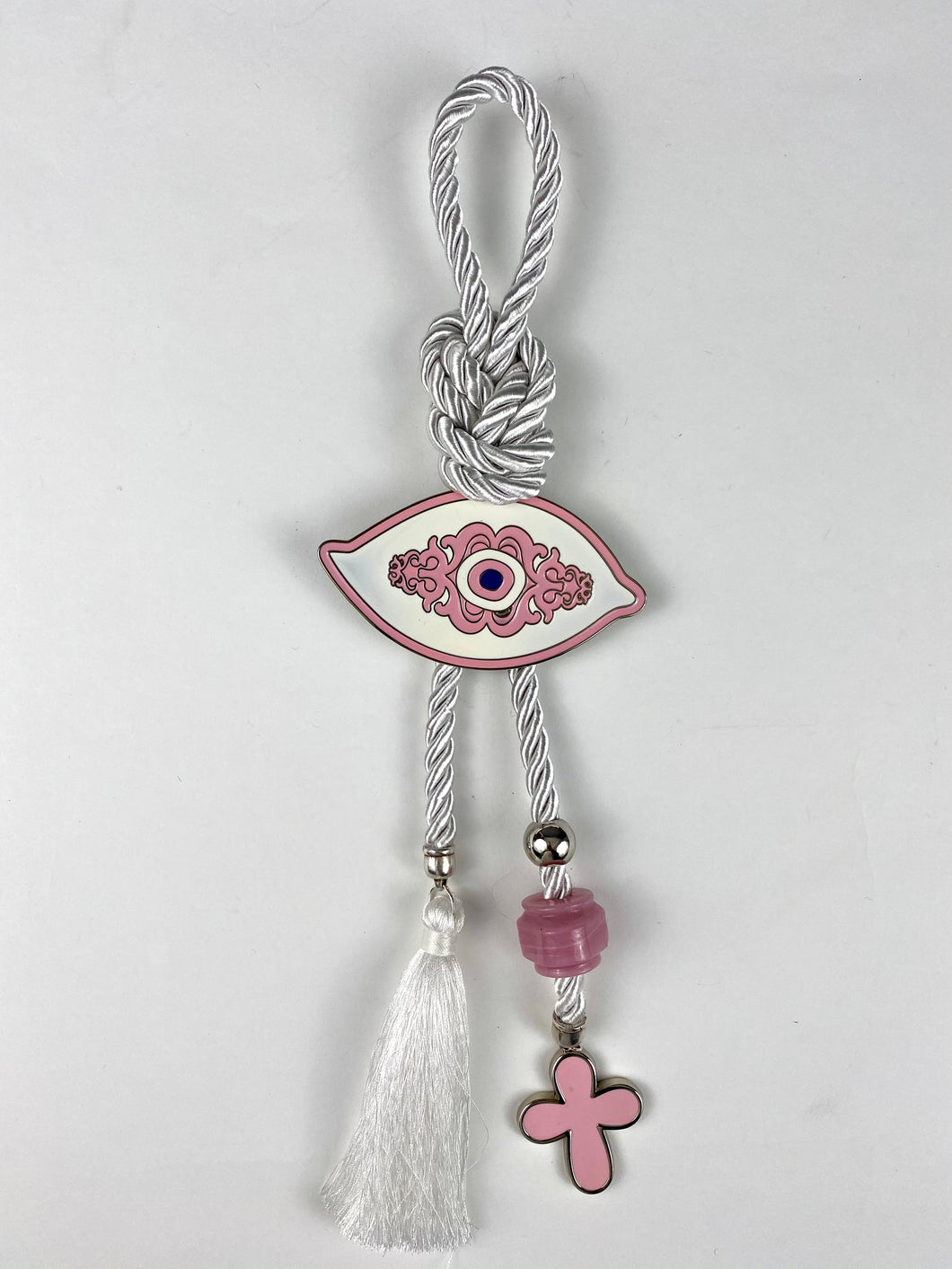 Large Metal Evil Eye with Murano Glass Bead, tassel and metal Cross